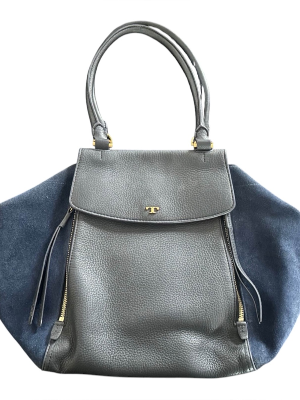 Tory Burch ‘Half Moon’ Black Leather/Blue Suede Satchel